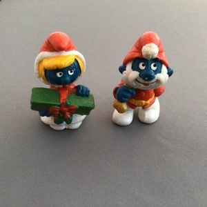 Vintage SMURFS set of 2 Holiday: Papa Smurf as Santa and Smurfette with Gift